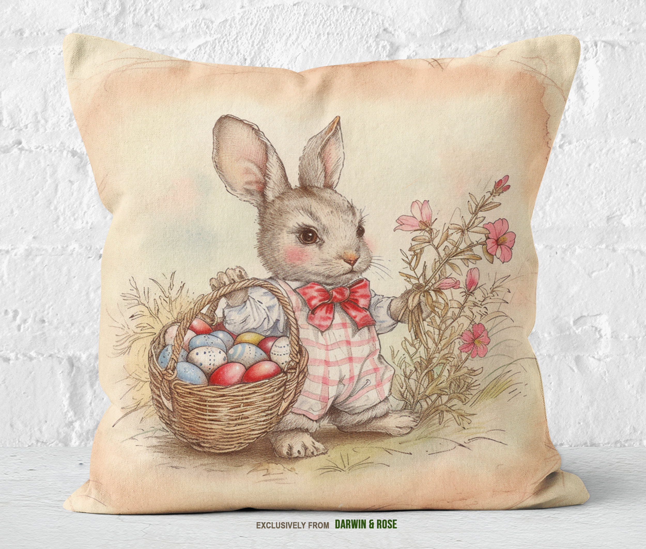 Vintage Easter Bunny Throw Pillow – Farmhouse Spring Décor