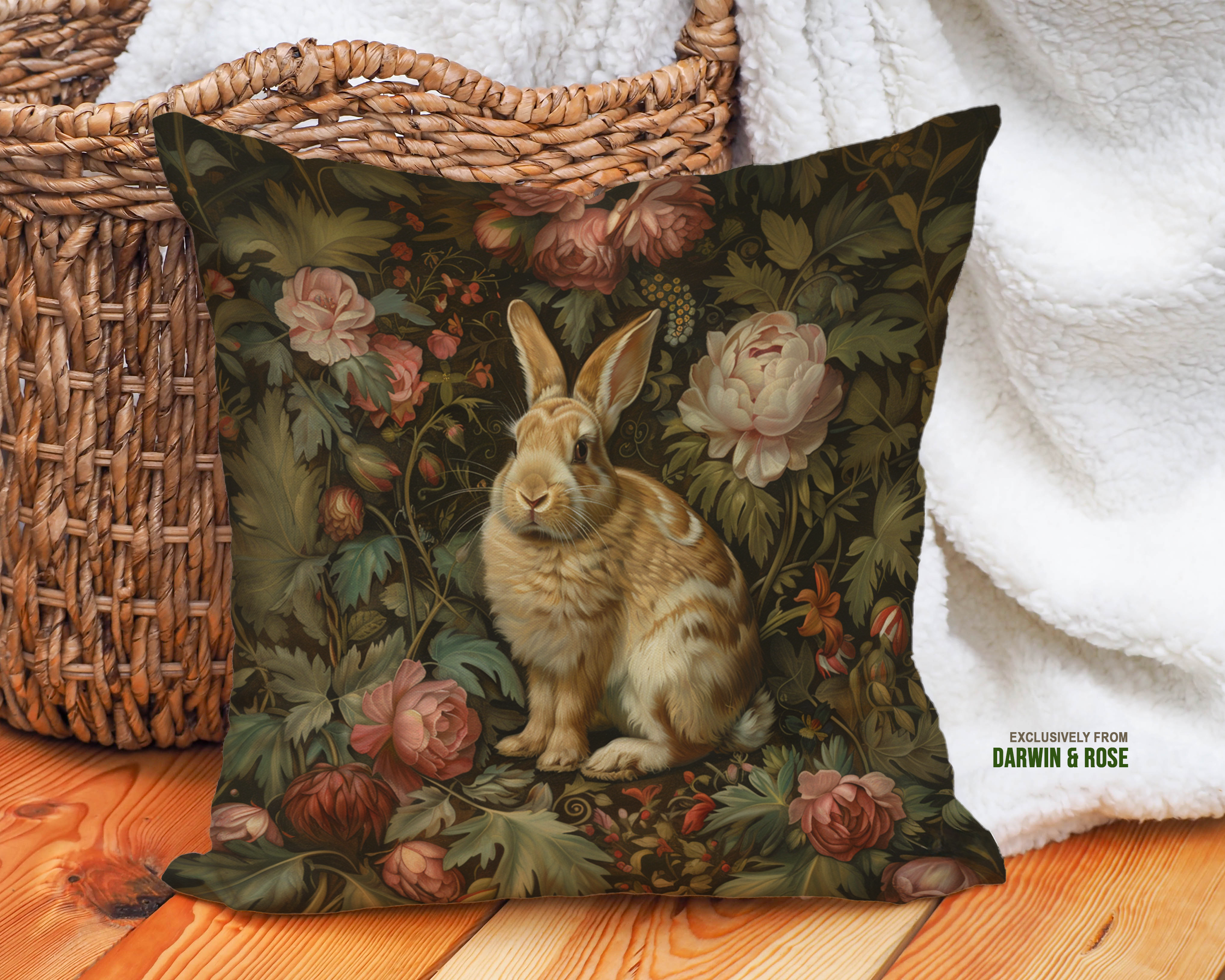 Vintage Easter Bunny Throw Pillow - Rustic Farmhouse Floral Decor