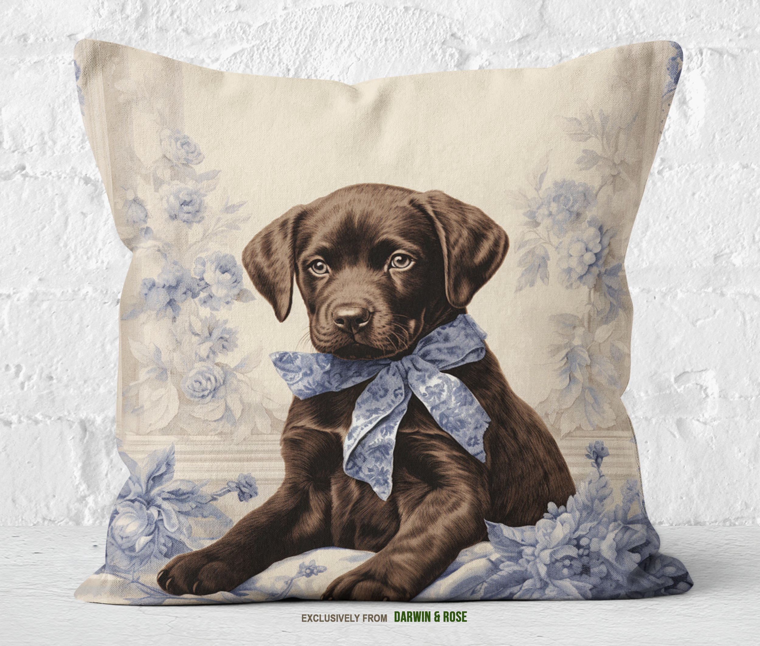 Chocolate Lab Puppy Throw Pillow – Elegant Floral Design for Farmhouse Décor
