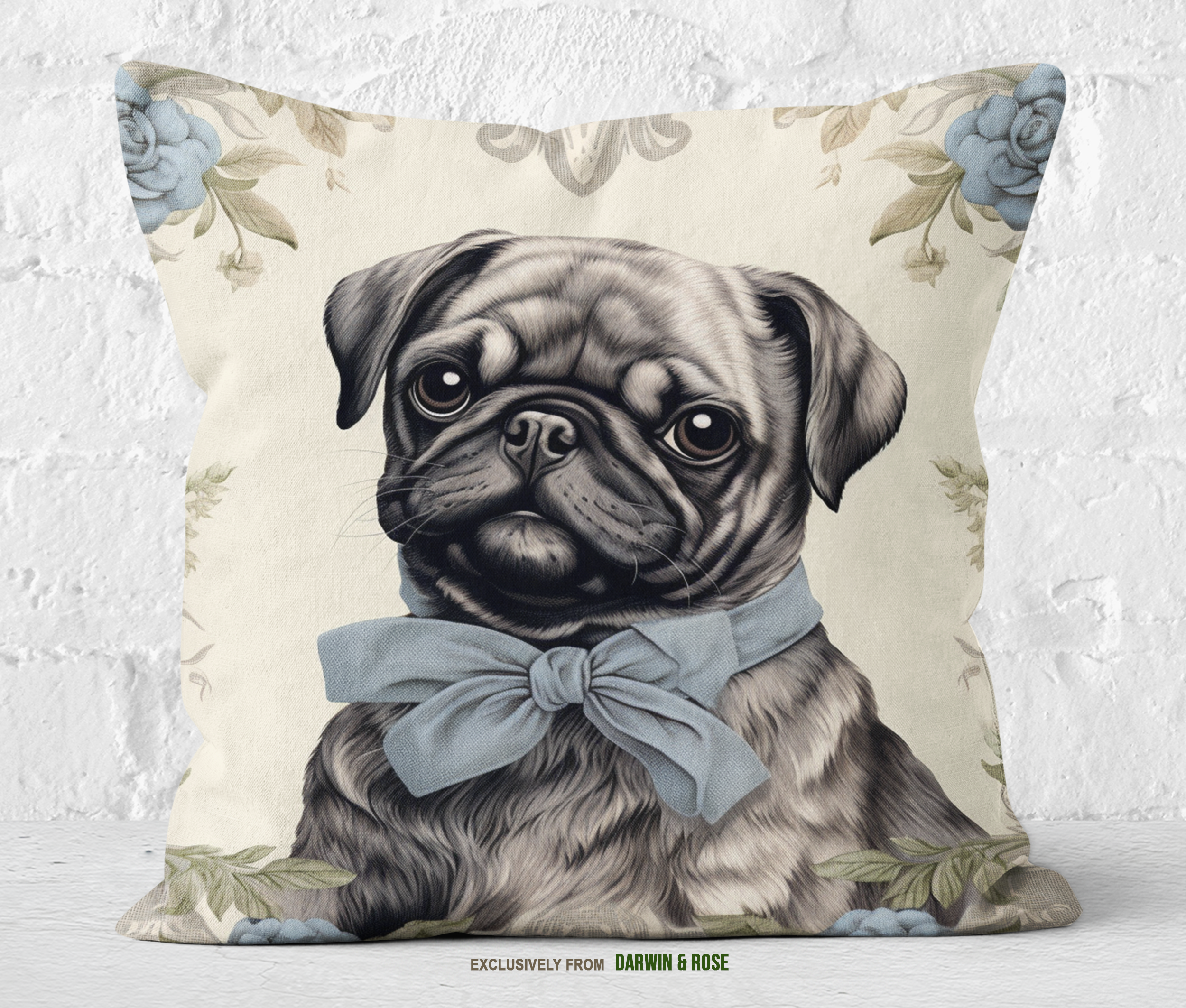 Vintage Pug Portrait Throw Pillow – Elegant Cottagecore Decor
