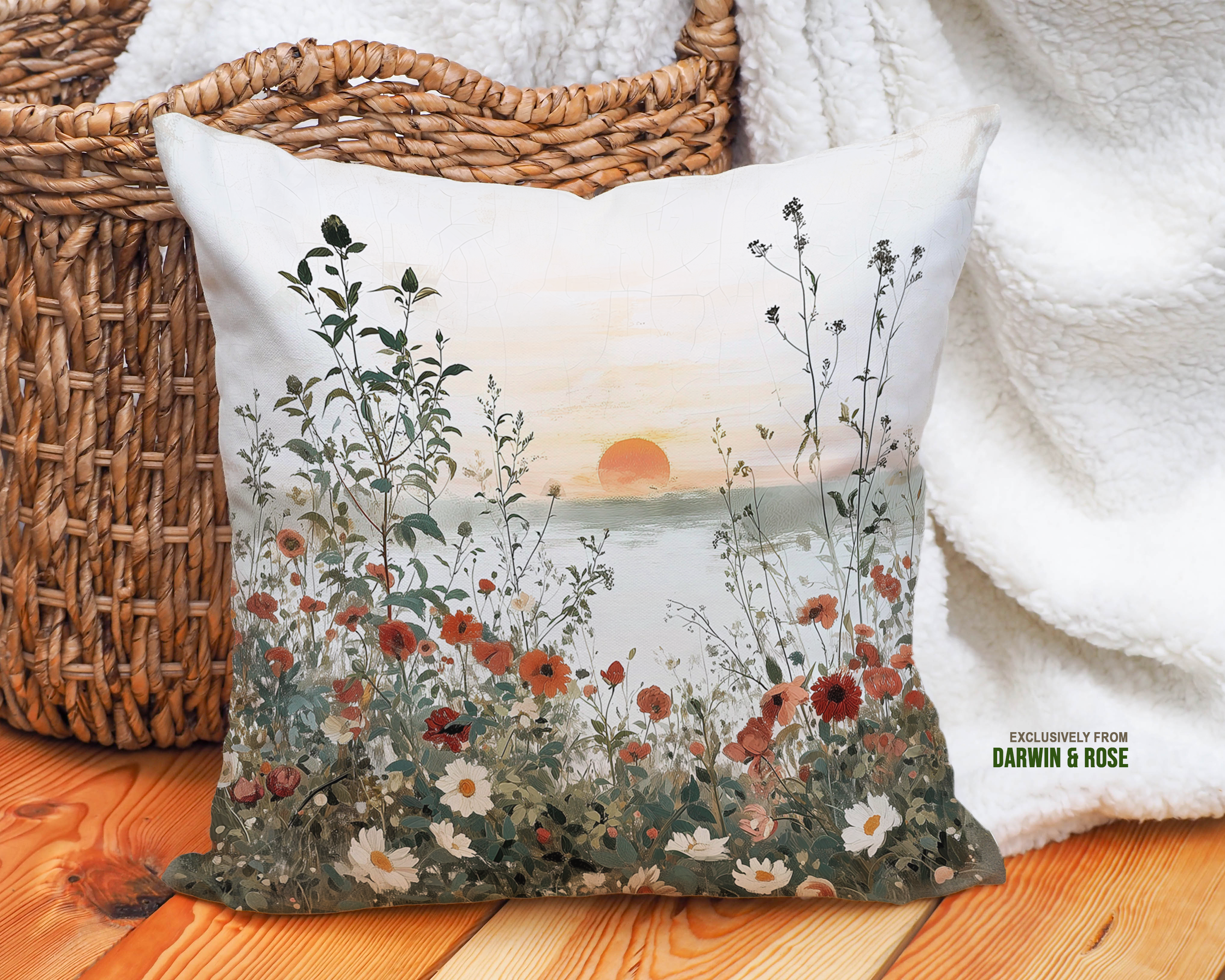 Floral Sunset Boho Throw Pillow – Nature-Inspired Home Décor