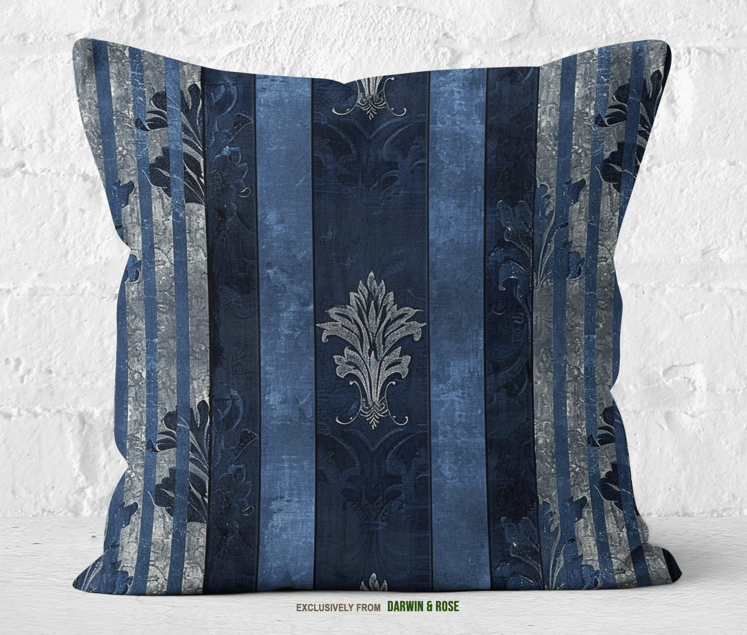 Elegant Fleur-de-Lis Striped Navy Throw Pillow – Modern Classic Decor Style