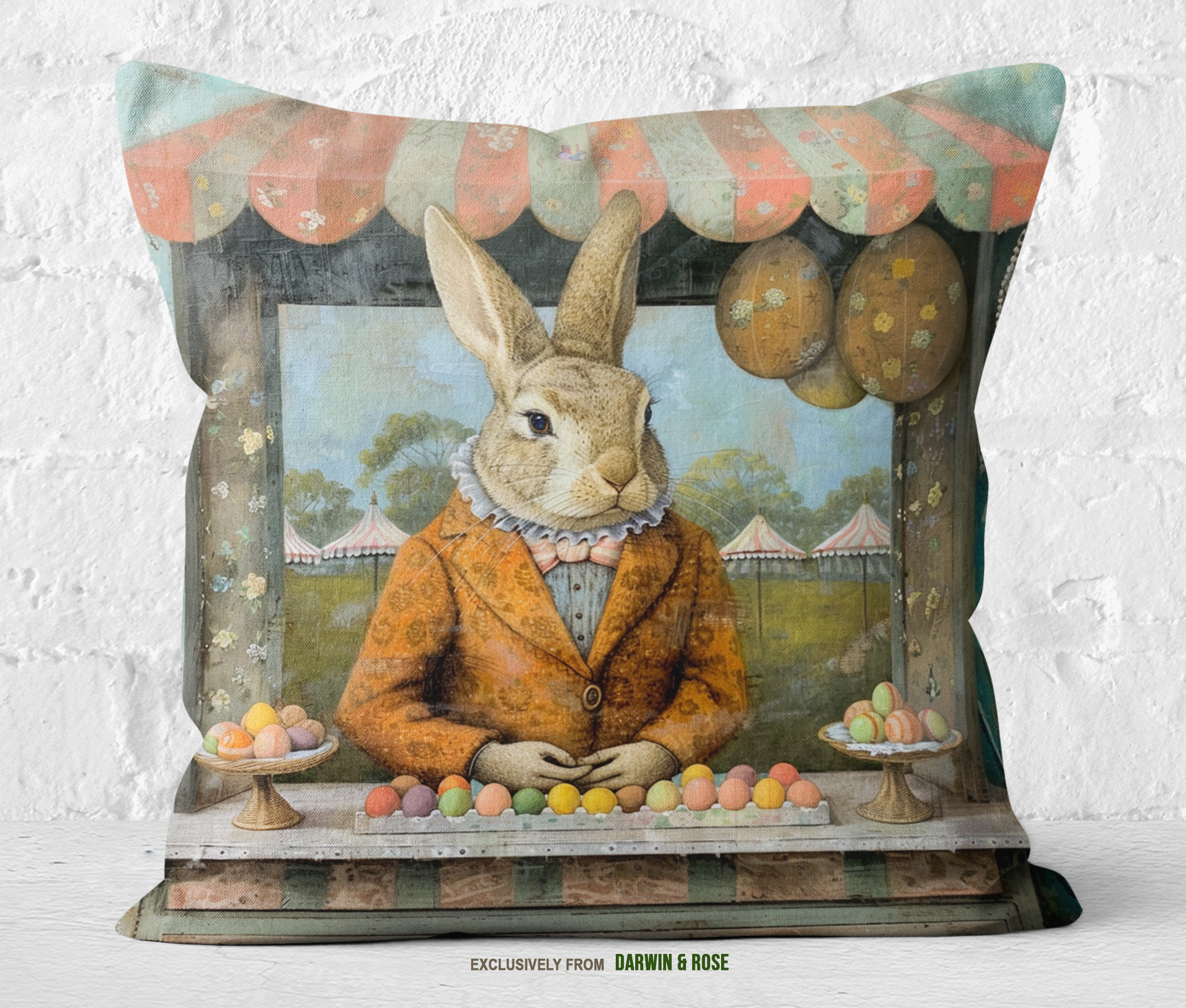 Easter Bunny Market Throw Pillow – Vintage Farmhouse Easter Decor