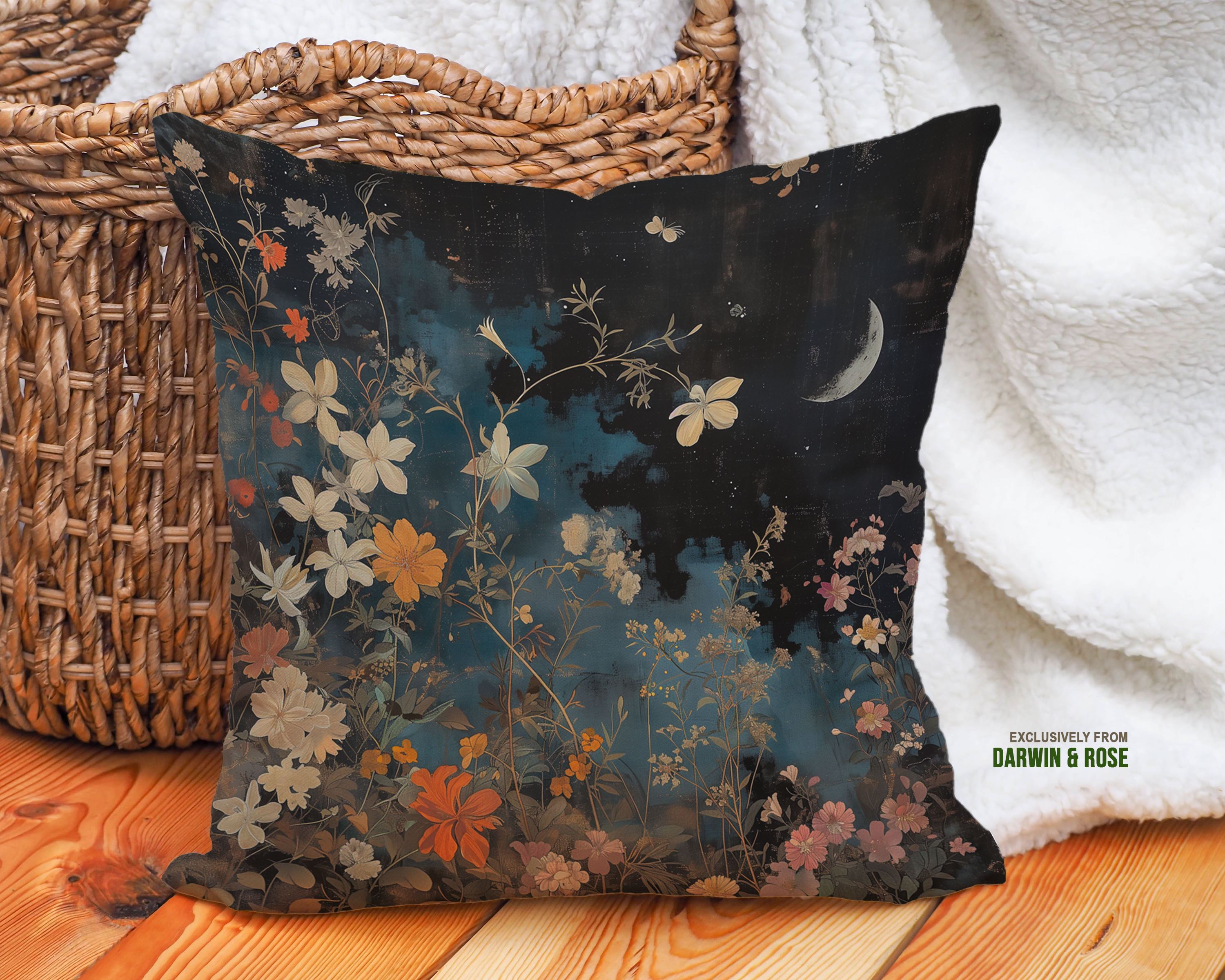 Moonlit Boho Floral Night Throw Pillow