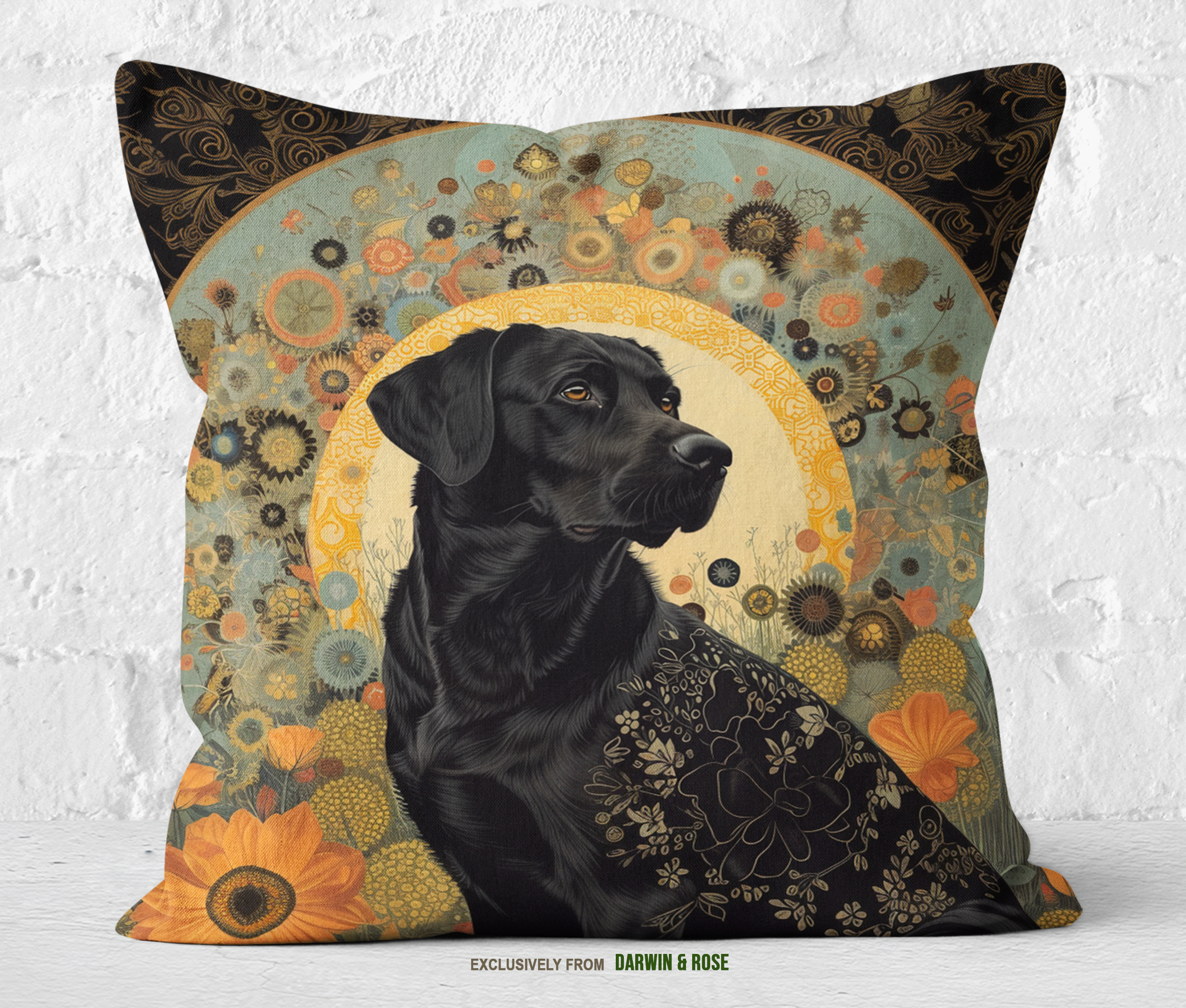 Majestic Black Labrador Retriever Floral Boho Throw Pillow