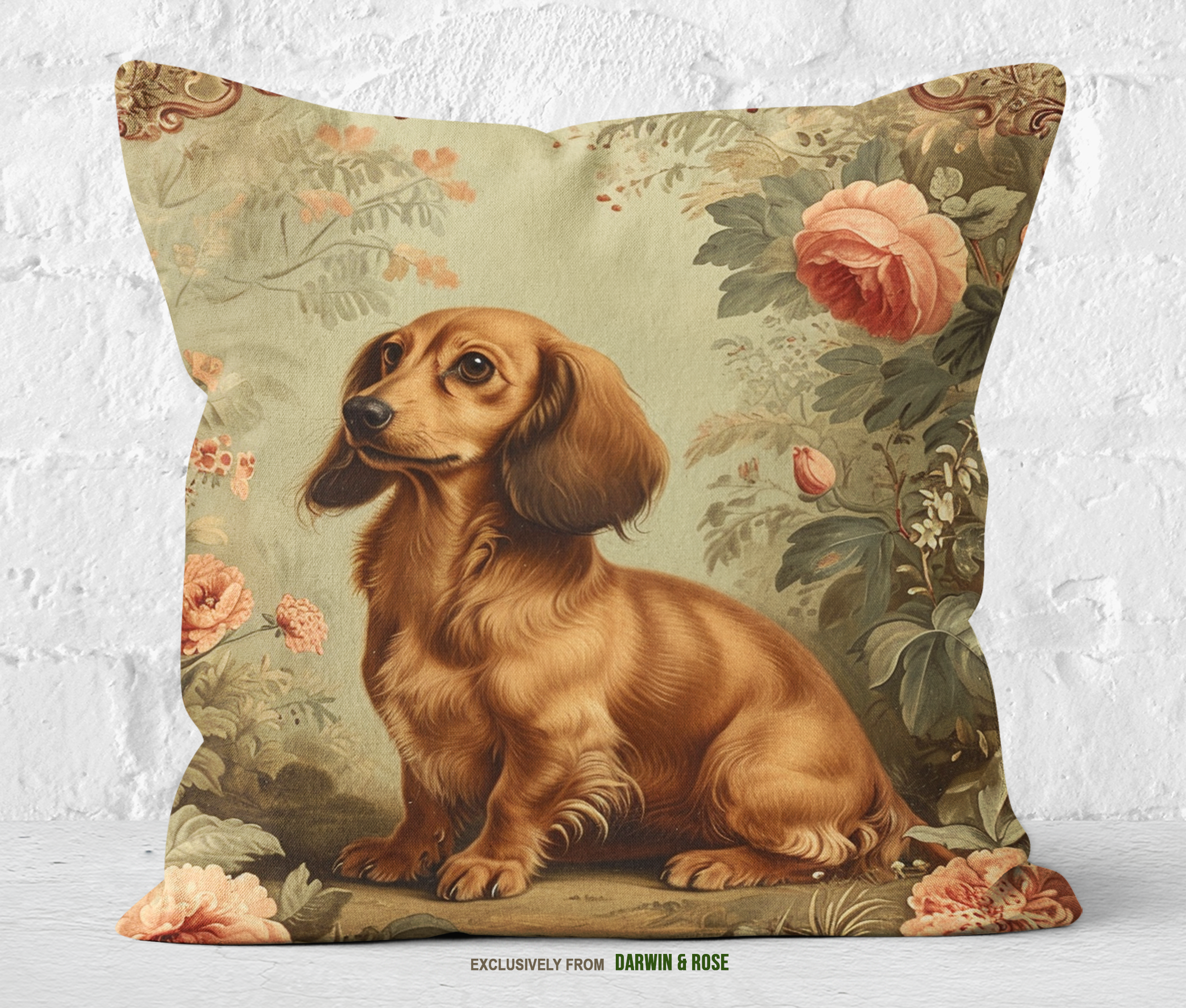 Vintage Floral Dachshund Throw Pillow – Farmhouse Style Home Décor