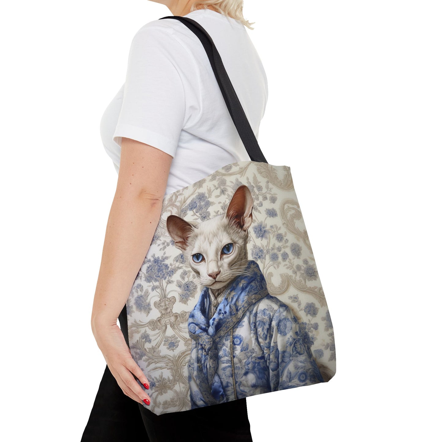 Elegant Oriental Cat Tote Bag in Blue Floral Design