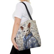 Elegant Oriental Cat Tote Bag in Blue Floral Design