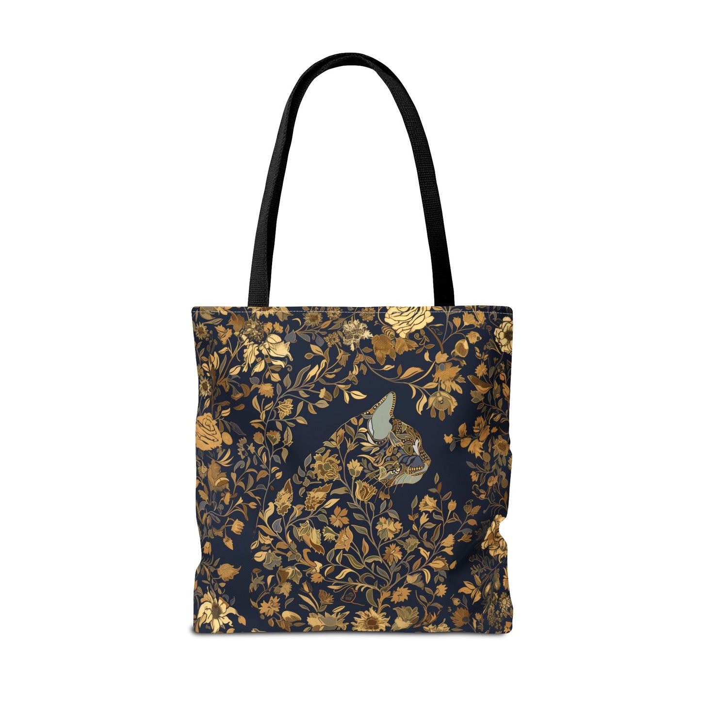 Golden Floral Cat Silhouette Tote Bag, Elegant Eco-Friendly Canvas