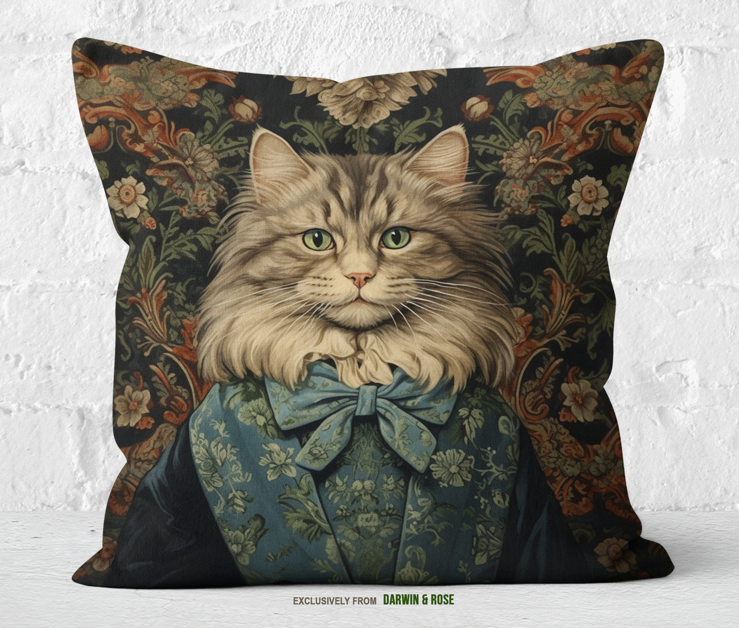 Regal Norwegian Forest Cat Portrait Pillow - Vintage Baroque Style