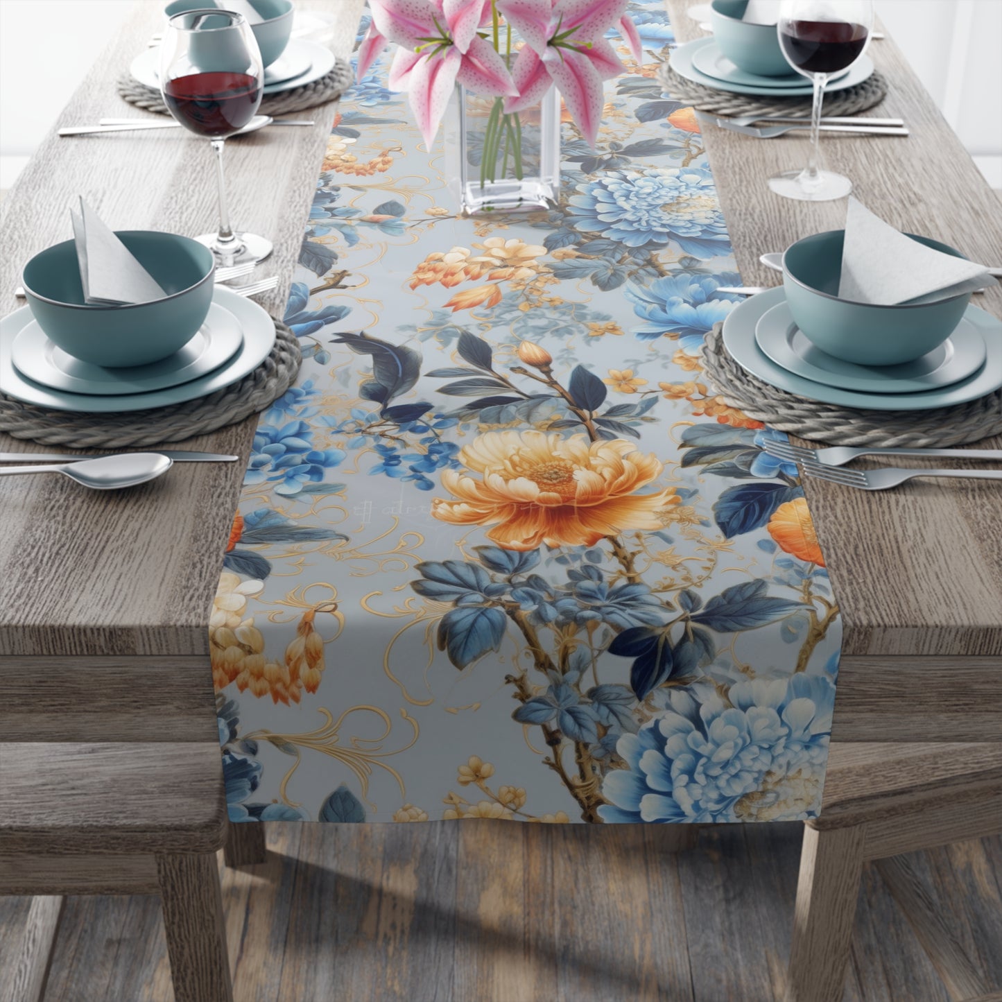 Marigold and Sapphire Table Runner | Blue and Orange Floral Décor (72" or 90")