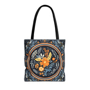 Elegant Botanical Tote Bag with Orange and Blue Floral Design