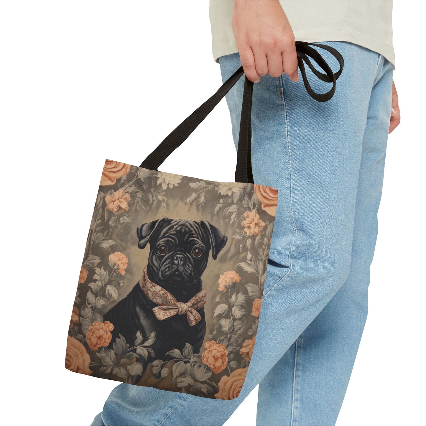 Charming Black Pug Floral Tote Bag with Elegant Bowtie Design