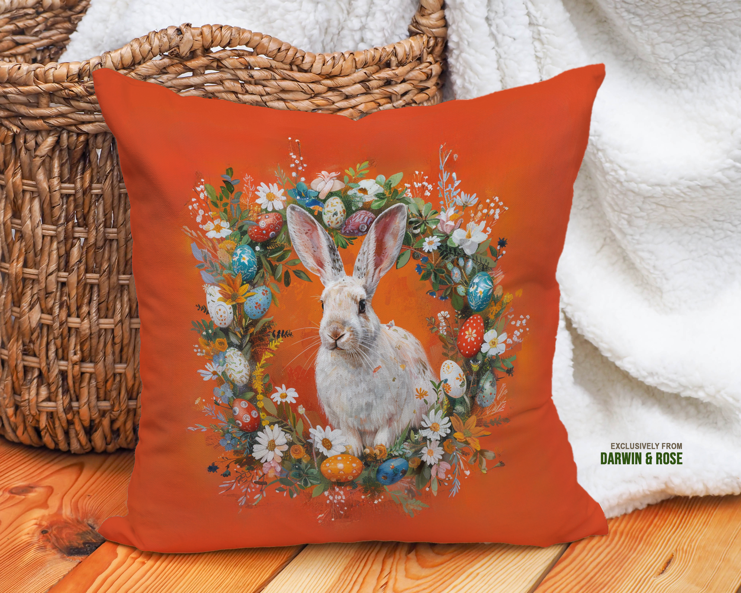 Easter Bunny Floral Wreath Throw Pillow – Vibrant Spring Décor
