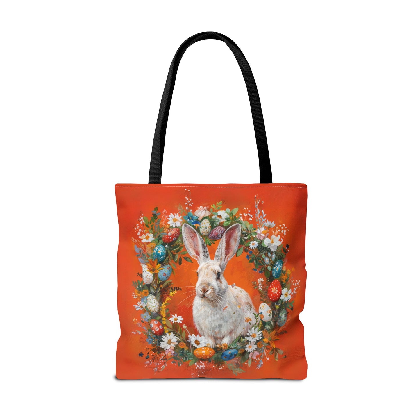 Easter Bunny Canvas Tote Bag, Bright Orange Floral Design, Eco-Friendly