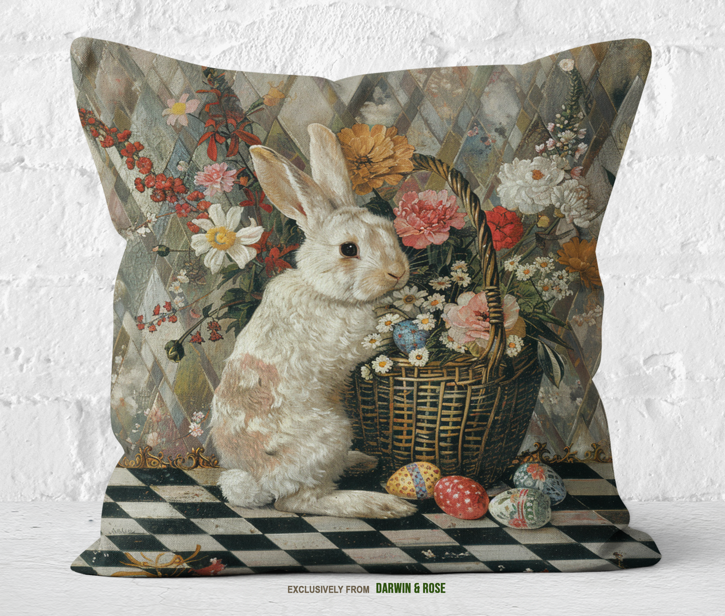 Vintage Easter Bunny Throw Pillow with Floral Basket - Farmhouse Style