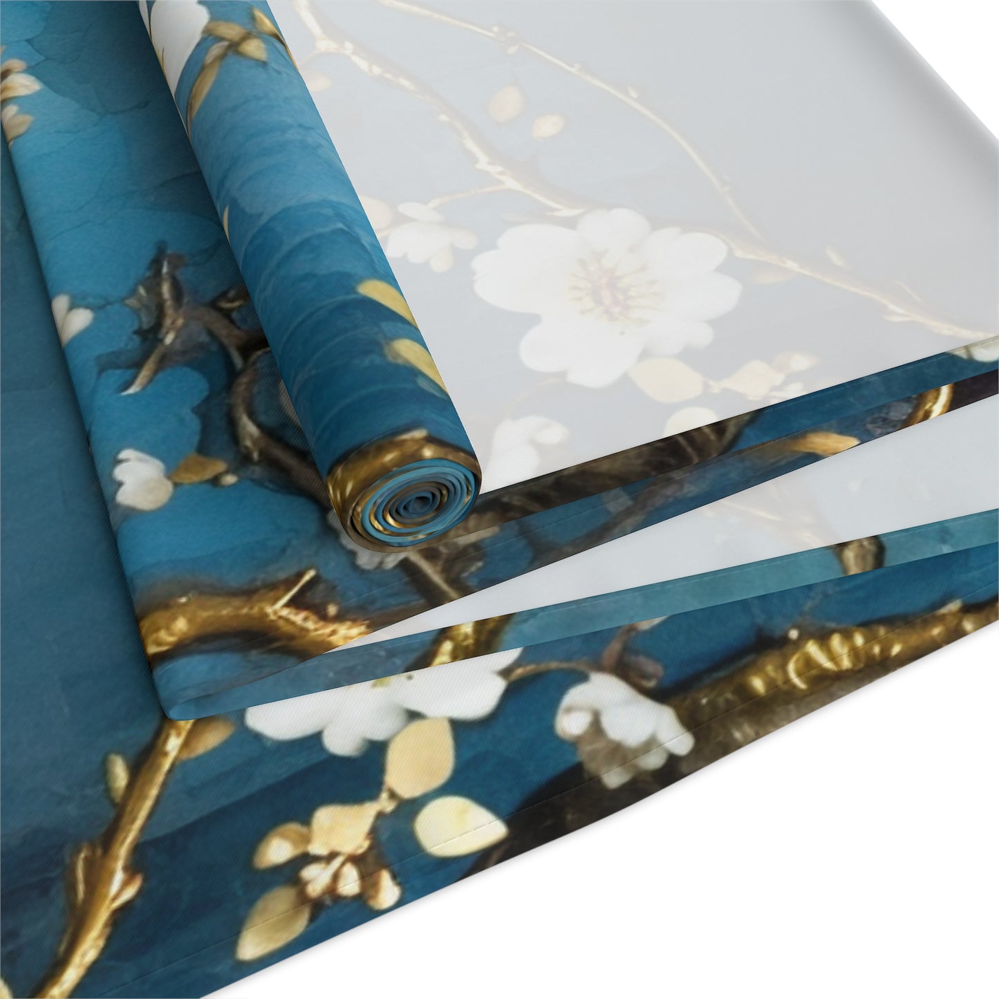 Cherry Blossom Table Runner | Teal, White, and Gold Design (72" or 90")