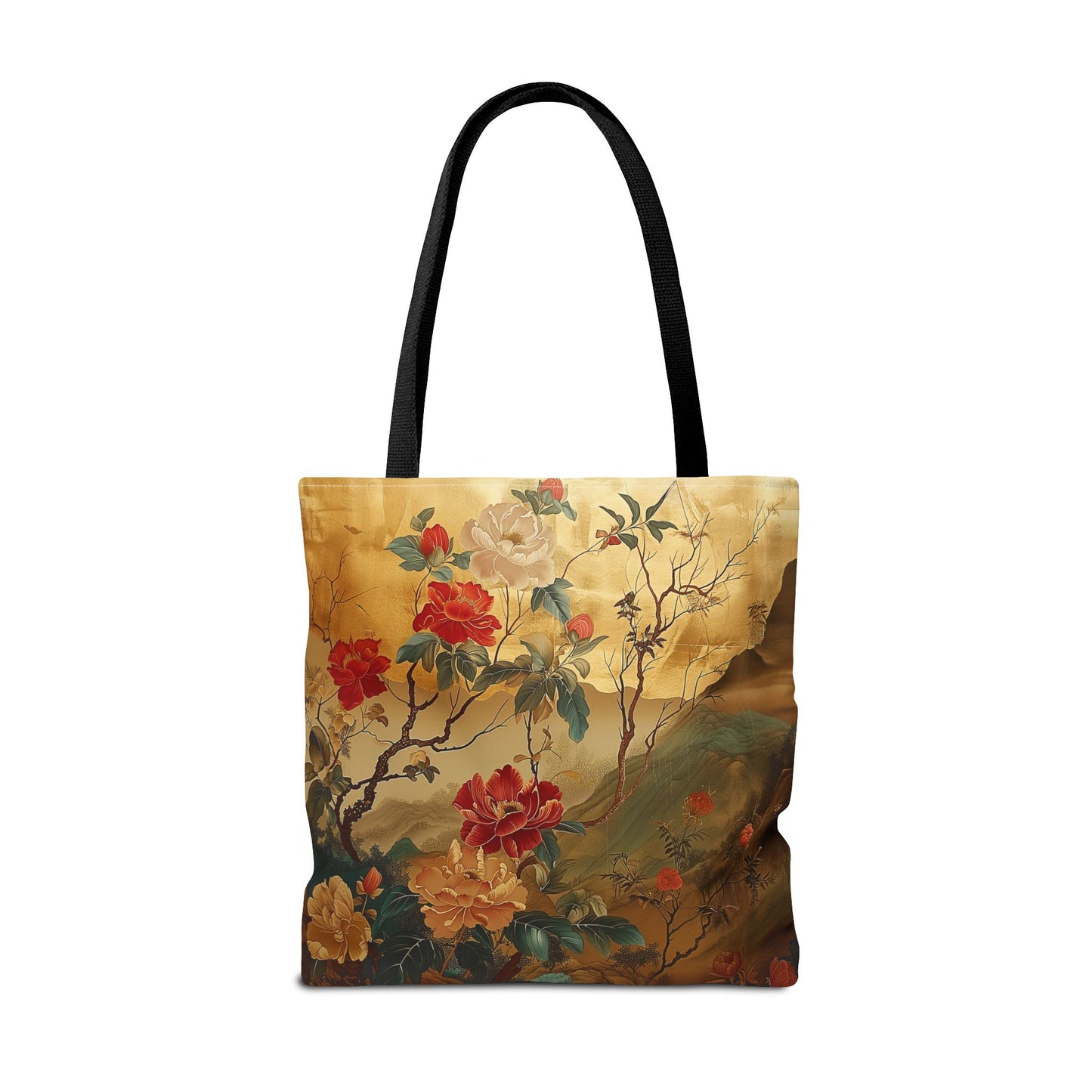 Elegant Floral Canvas Tote Bag – Gold & Red Botanical Design