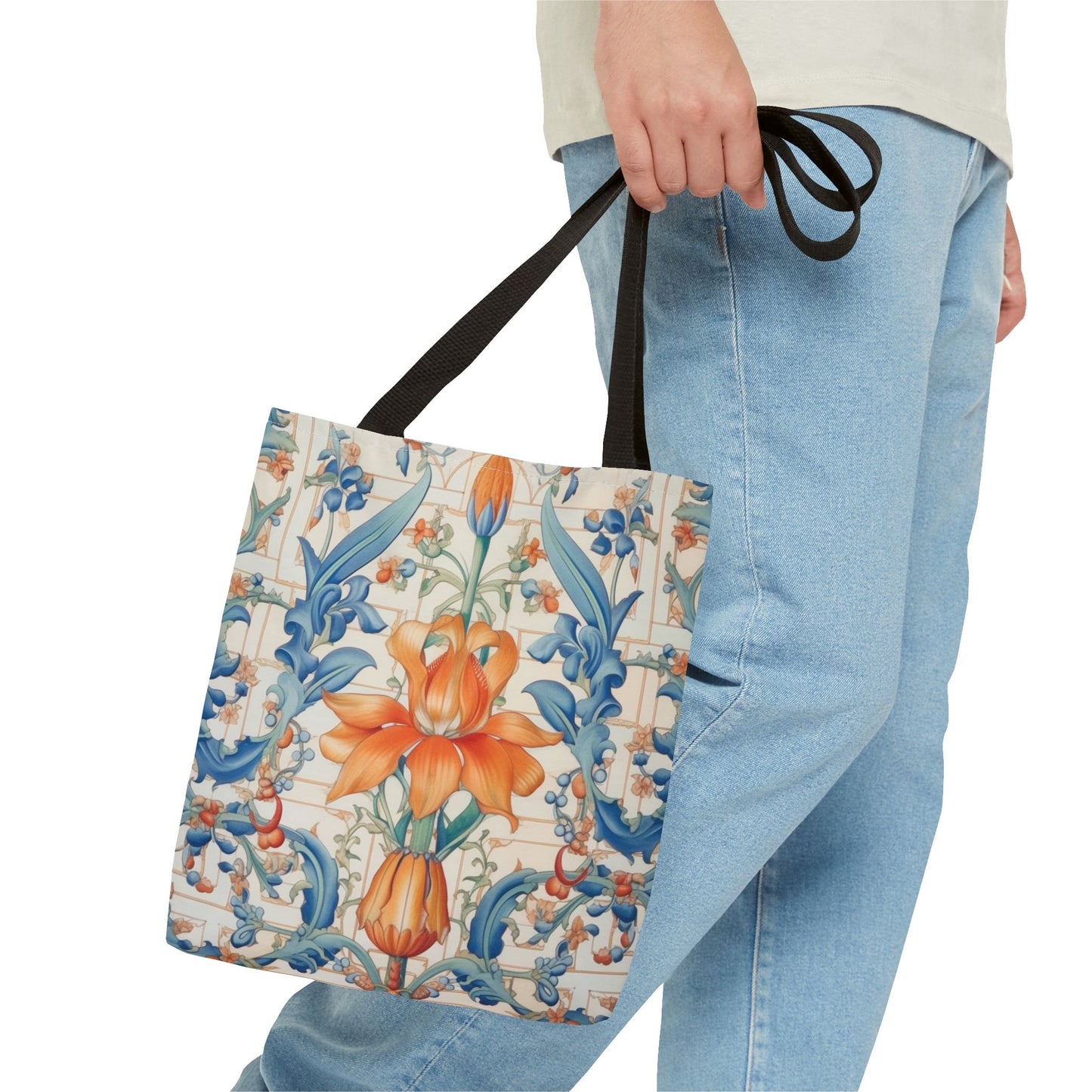 Floral Elegance Tote Bag, Vibrant Orange and Blue Reusable Shopper