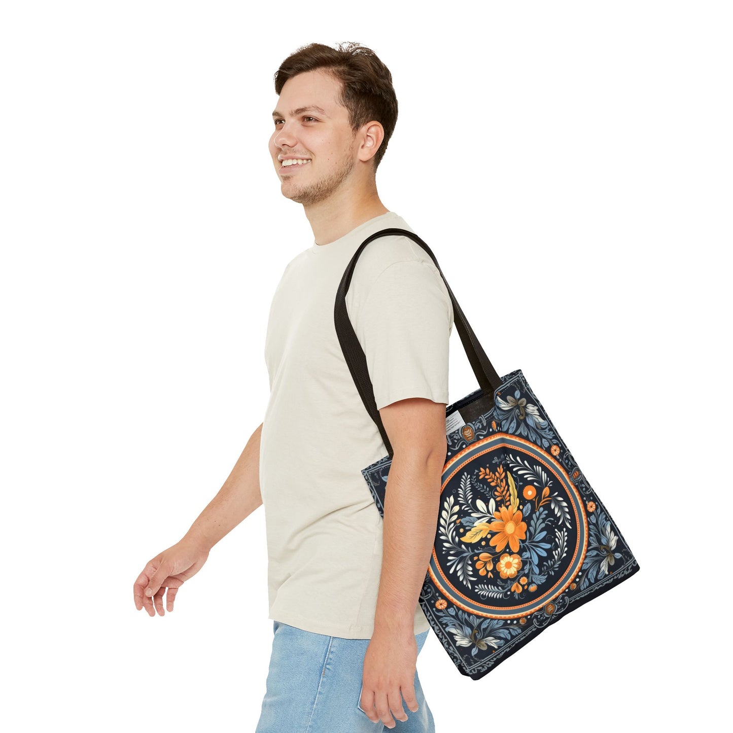 Elegant Botanical Tote Bag with Orange and Blue Floral Design