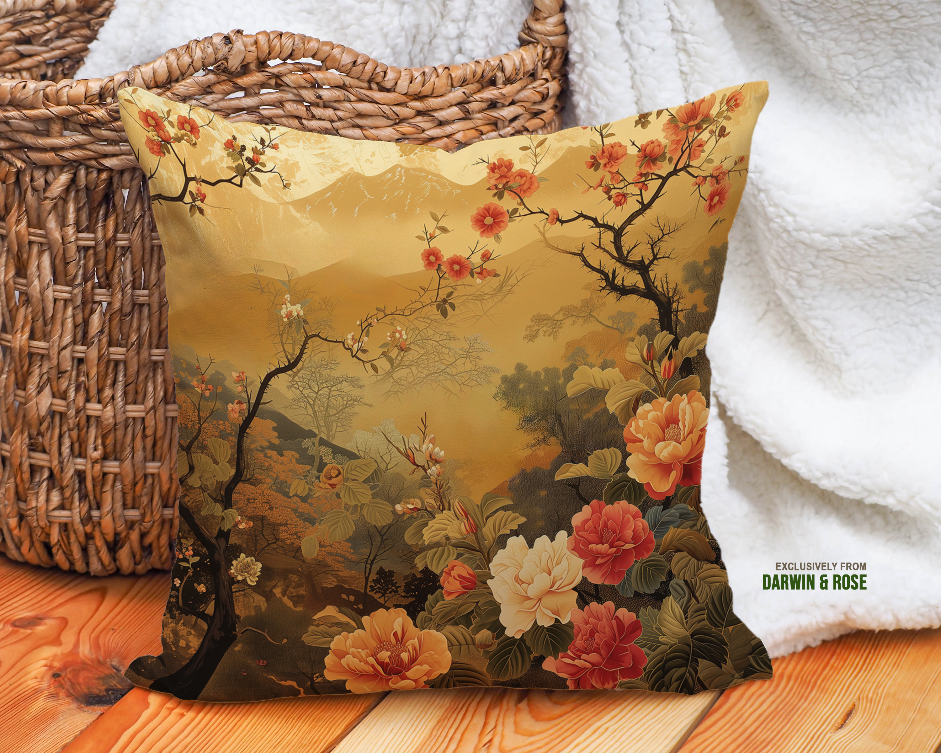 Golden Harmony Floral Throw Pillow for Modern Asian-Inspired Decor