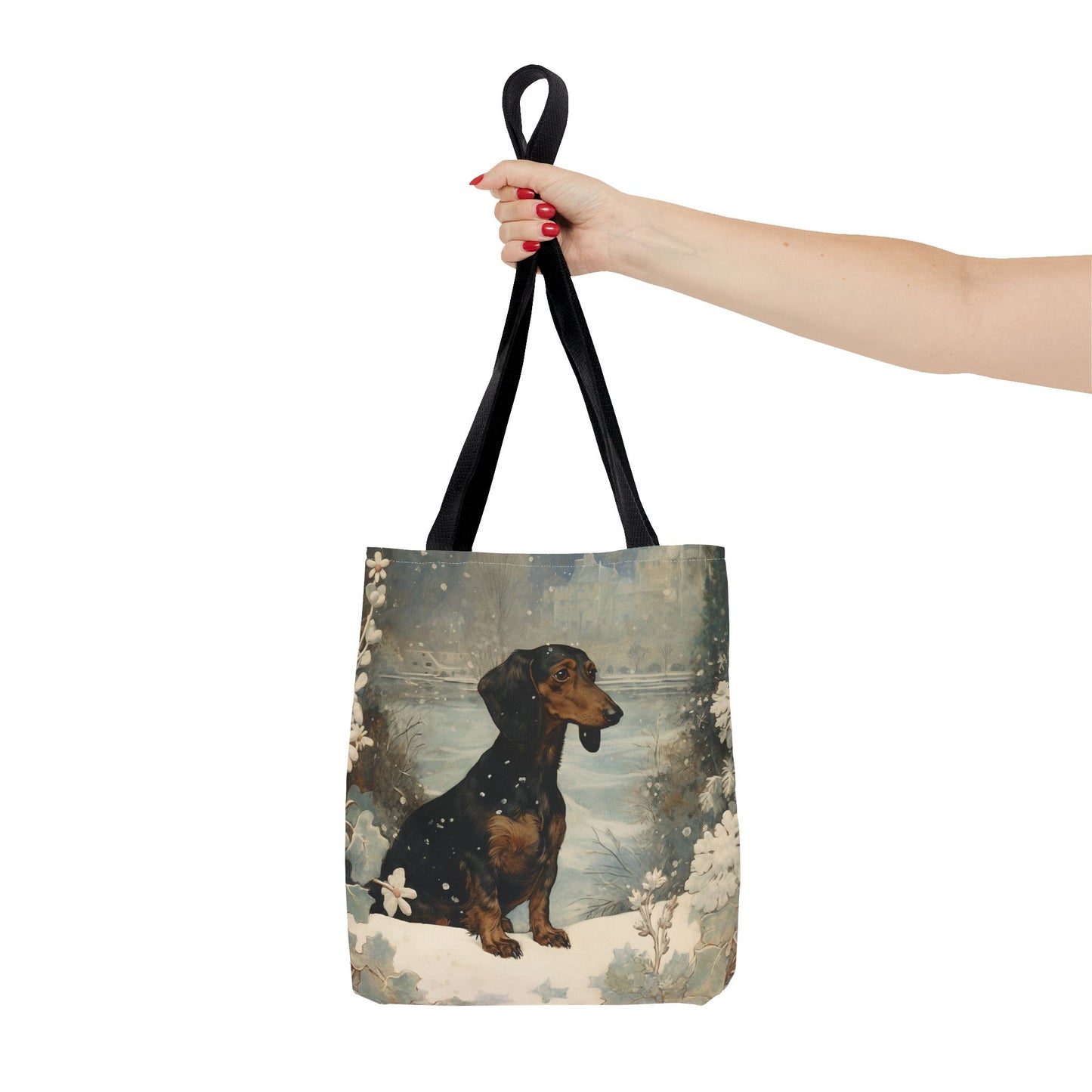 Dachshund Snowy Winter Scene Canvas Tote Bag for Dog Lovers