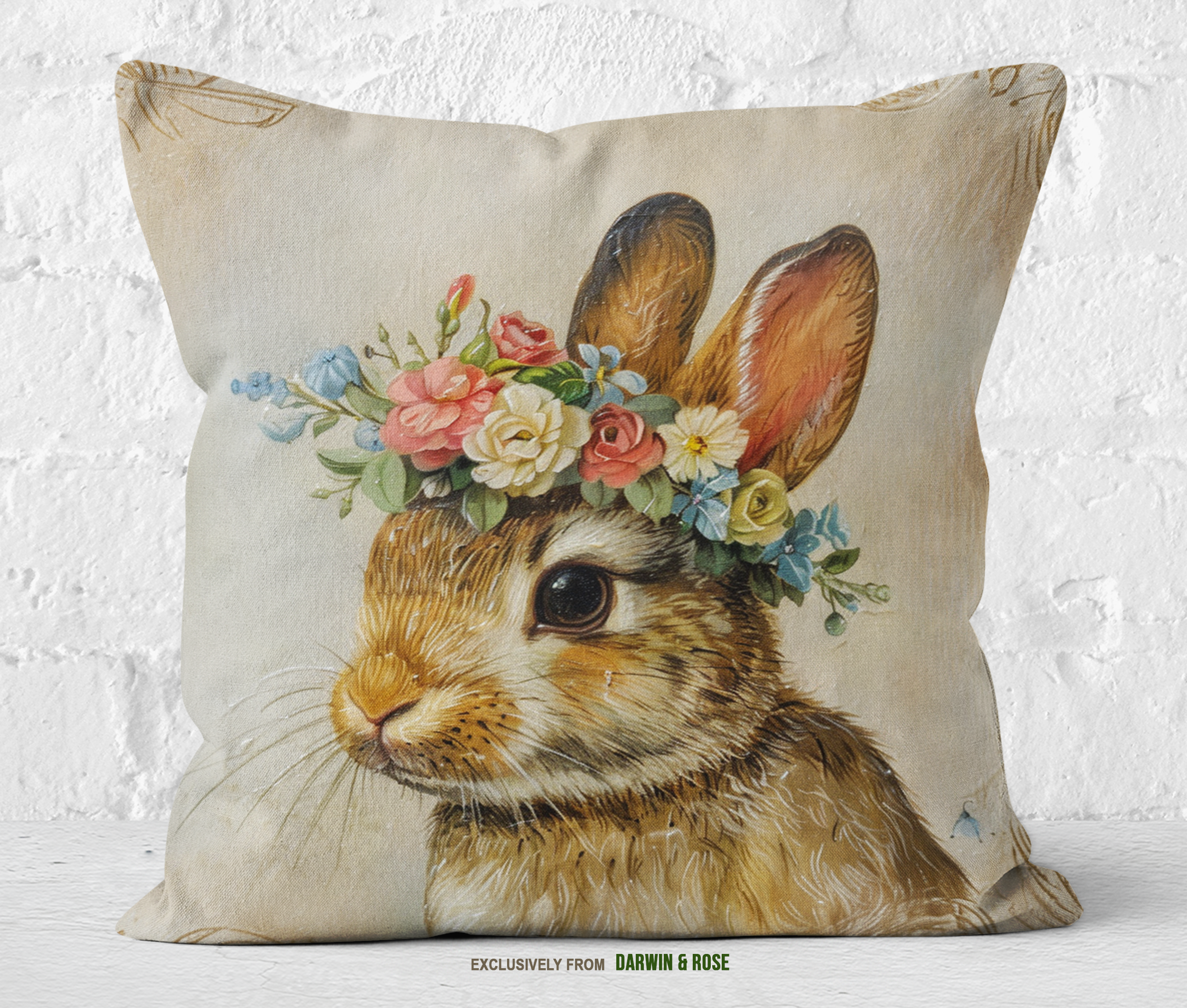 Easter Bunny Floral Crown Throw Pillow – Vintage Farmhouse Décor