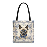 Siamese Cat Tote Bag with Vintage Blue Floral Design