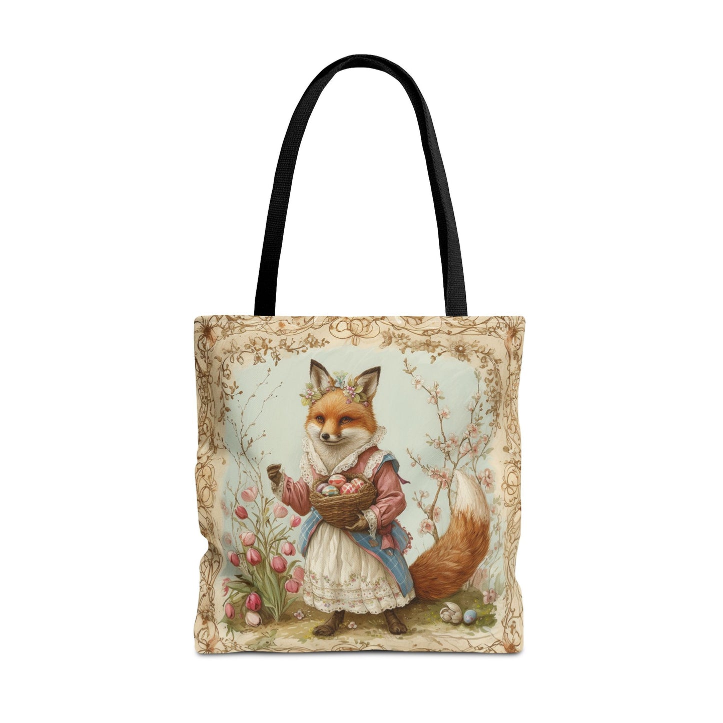 Easter Fox Tote Bag with Tulip Garden, Eco-Friendly Market Bag