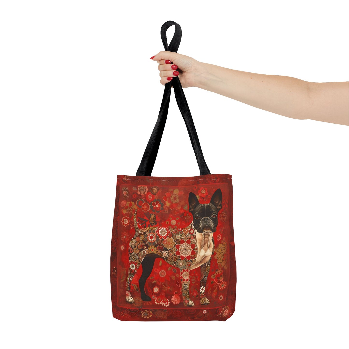 Boston Terrier Floral Tote Bag - Vibrant Red Design for Dog Lovers