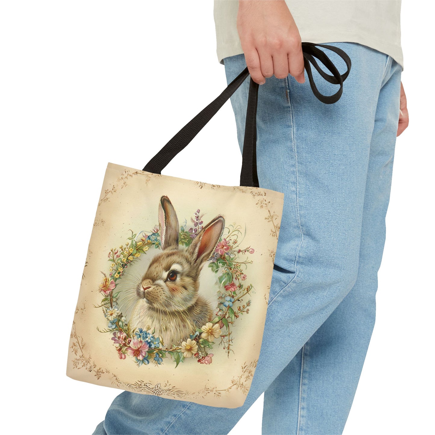 Easter Bunny Floral Tote Bag with Vintage Wreath Design