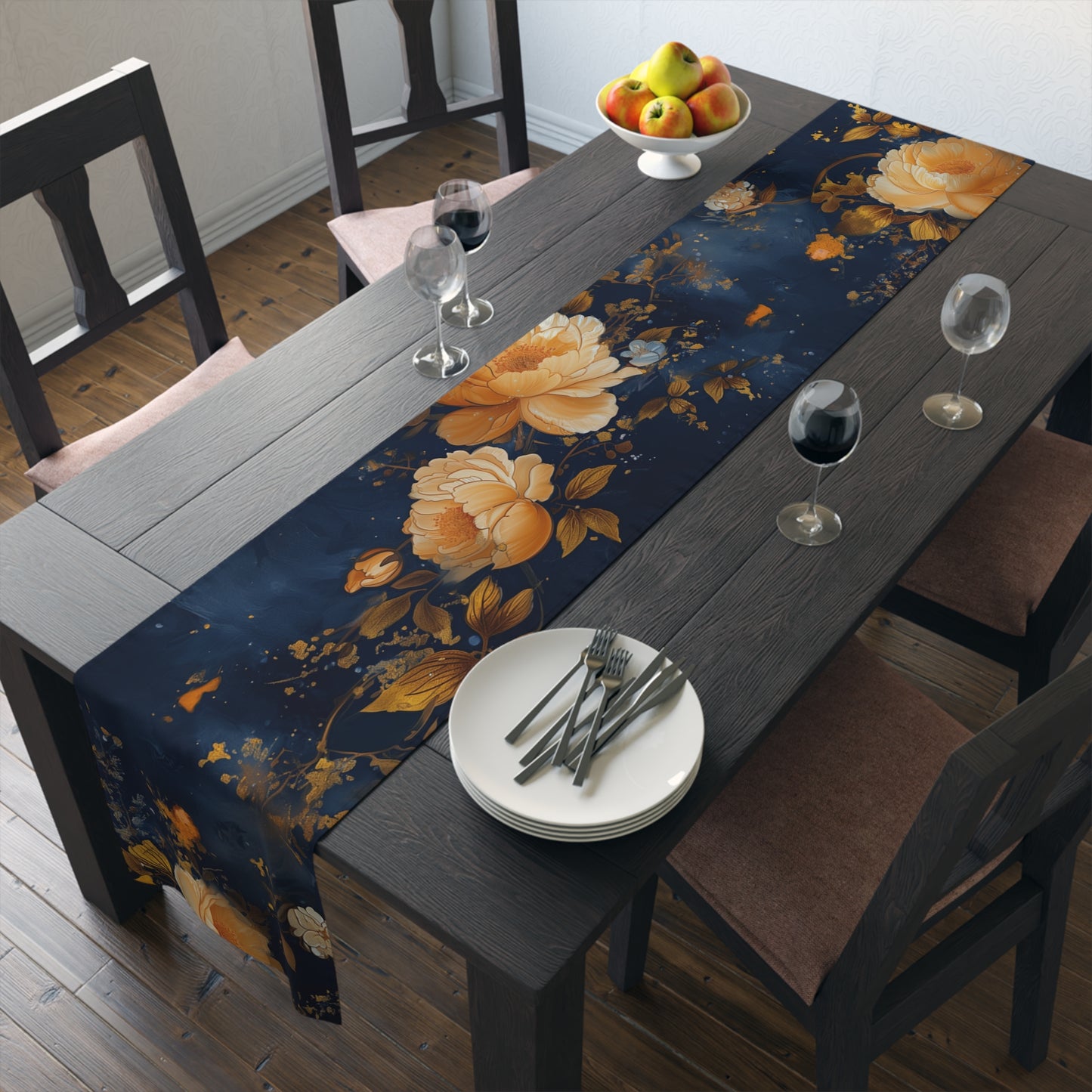 Navy Floral Table Runner | Gold, Blue, and Cream Design (72" or 90")