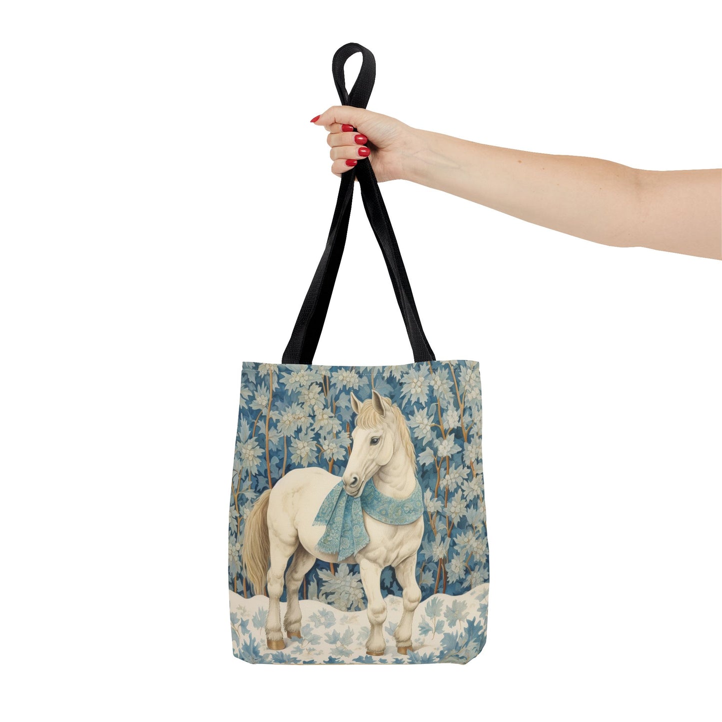 Elegant Winter Horse Tote Bag, Floral Design with Scarf Accent