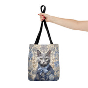 Russian Blue Cat Floral Tote Bag, Elegant Eco-Friendly Shopper