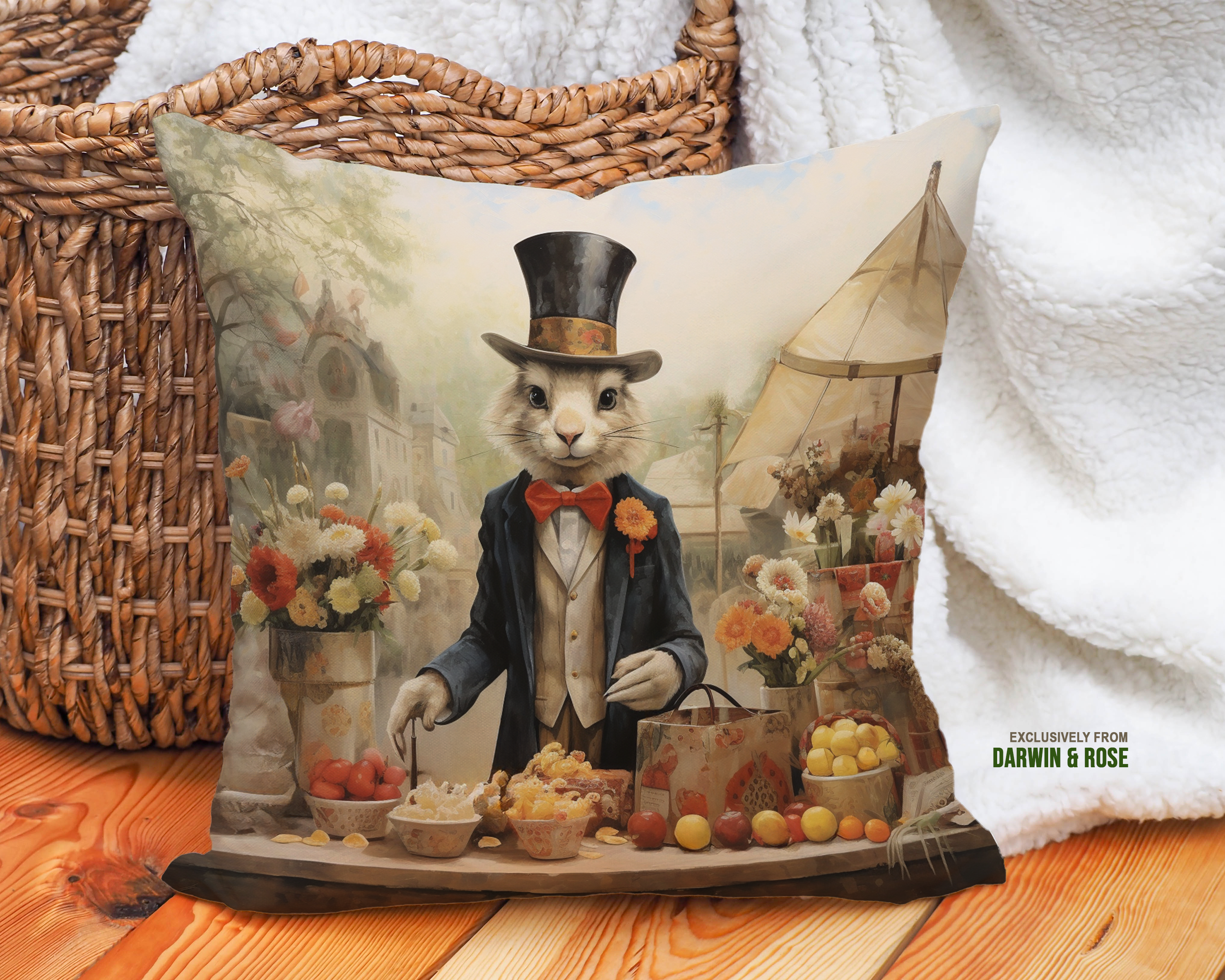 Easter Bunny Market Throw Pillow – Whimsical Vintage Spring Decor