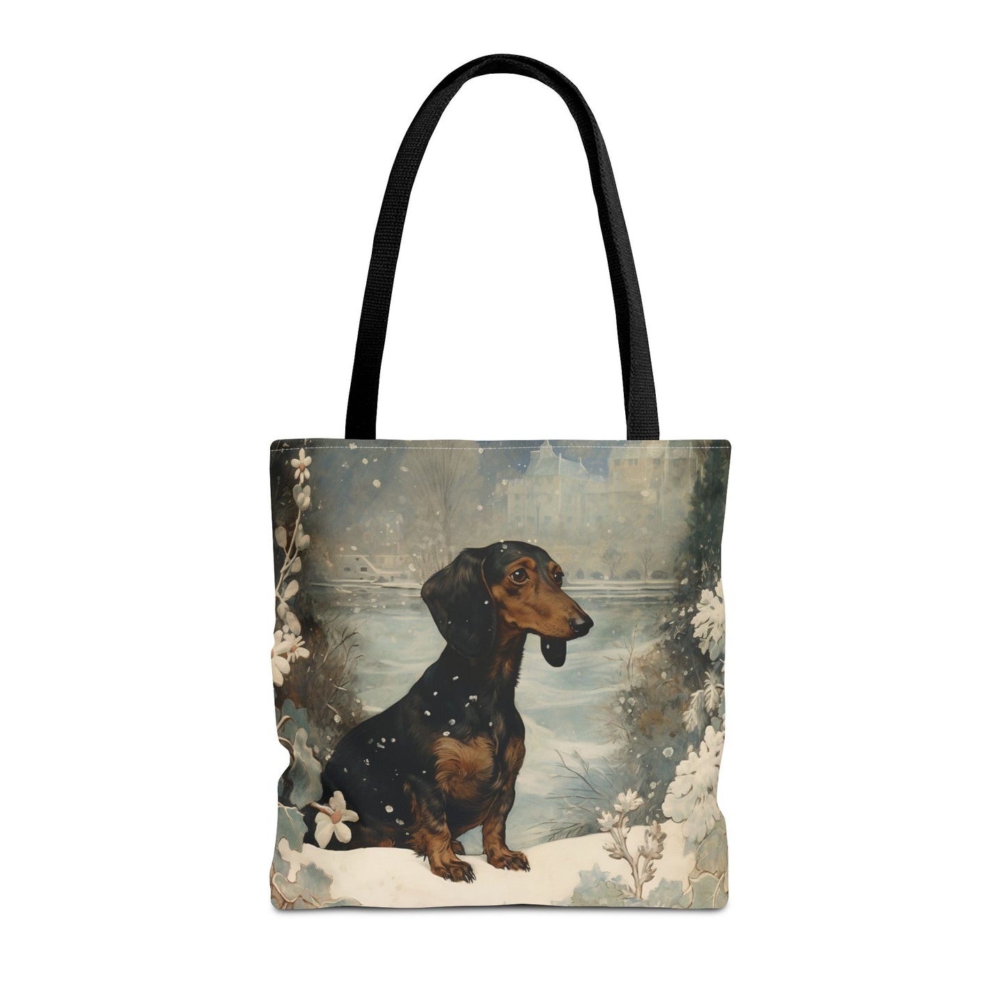 Dachshund Snowy Winter Scene Canvas Tote Bag for Dog Lovers