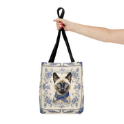 Siamese Cat Tote Bag with Vintage Blue Floral Design