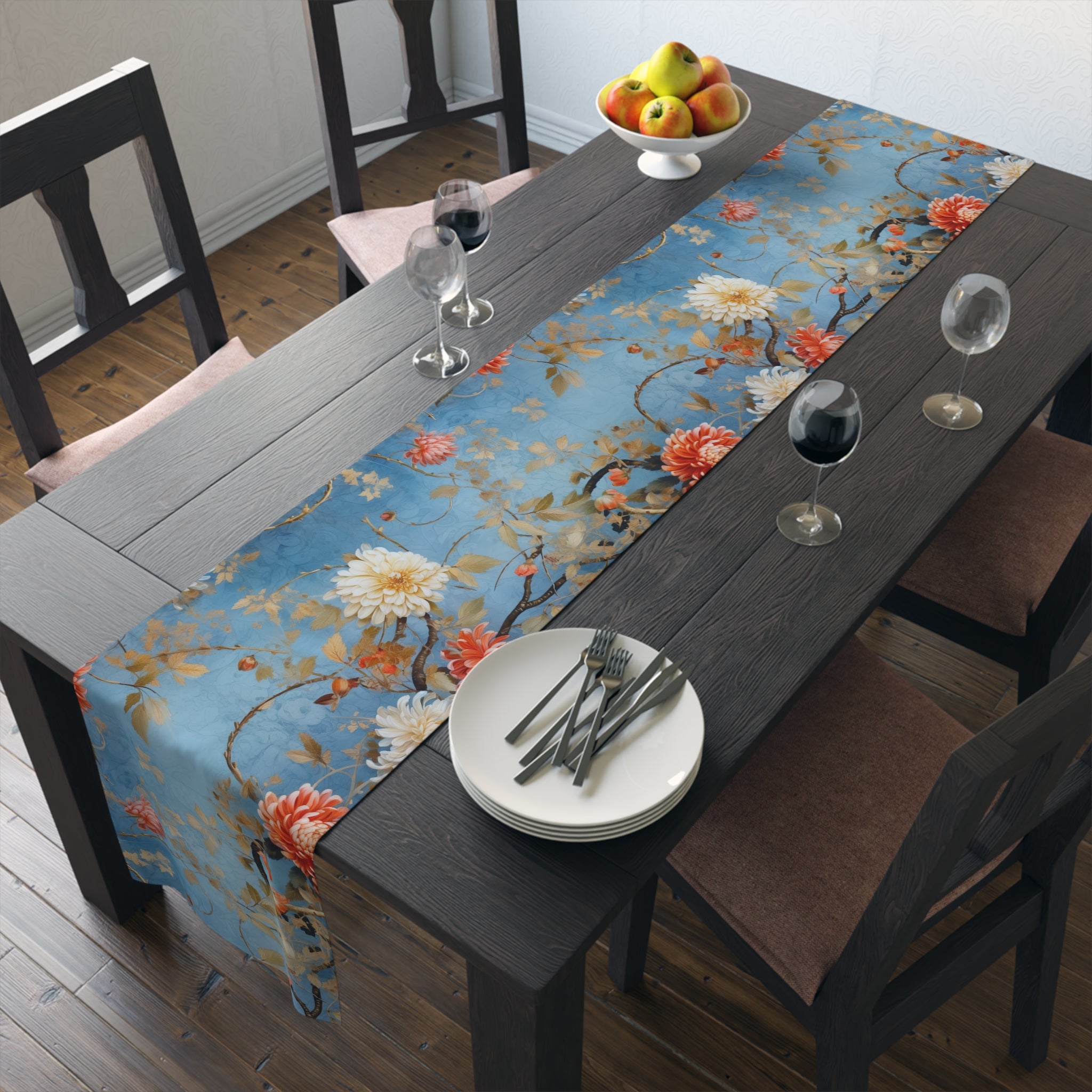 Chinoiserie Blue Floral Table Runner | Blue, White, and Coral Design (72" or 90")