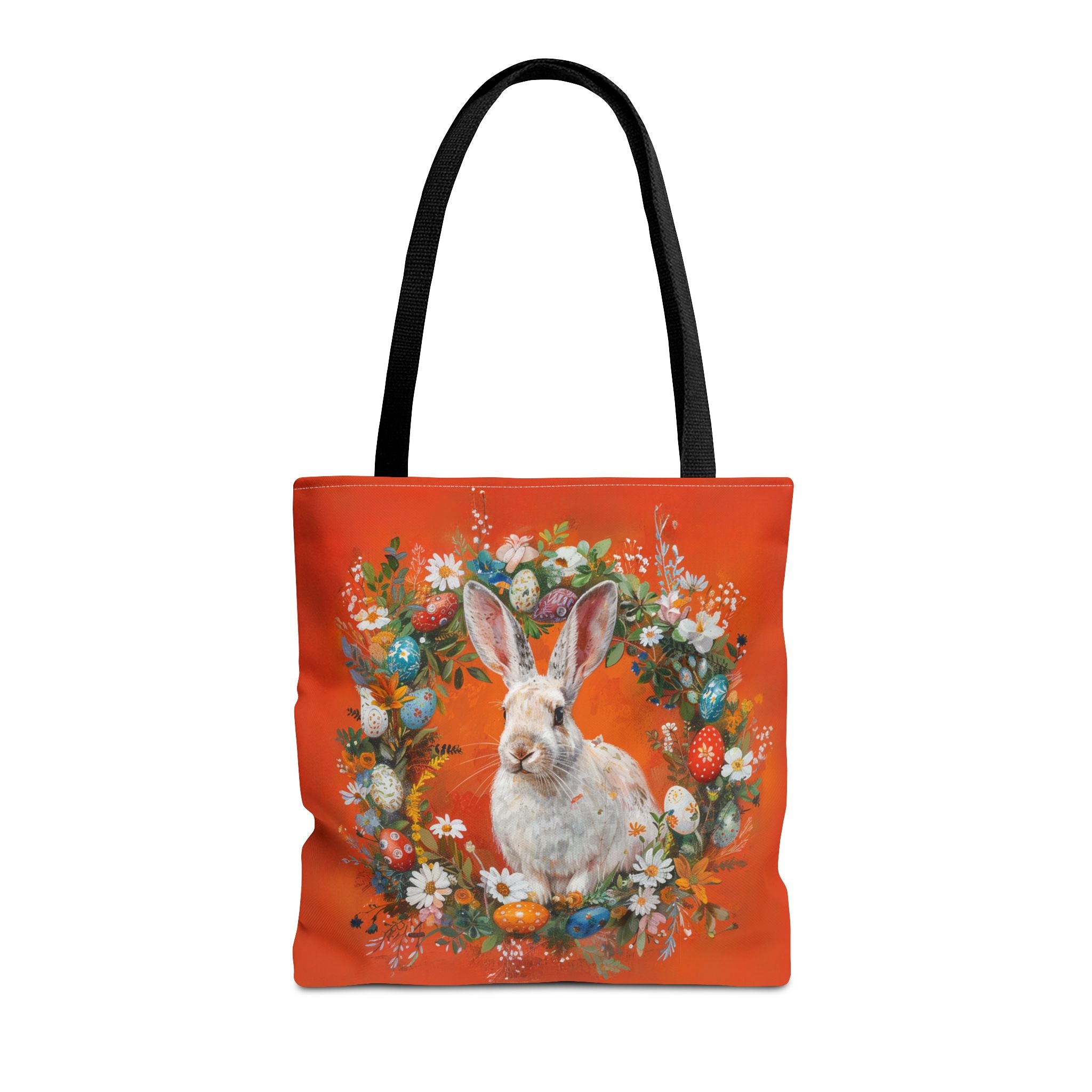 Easter Bunny Canvas Tote Bag, Bright Orange Floral Design, Eco-Friendly