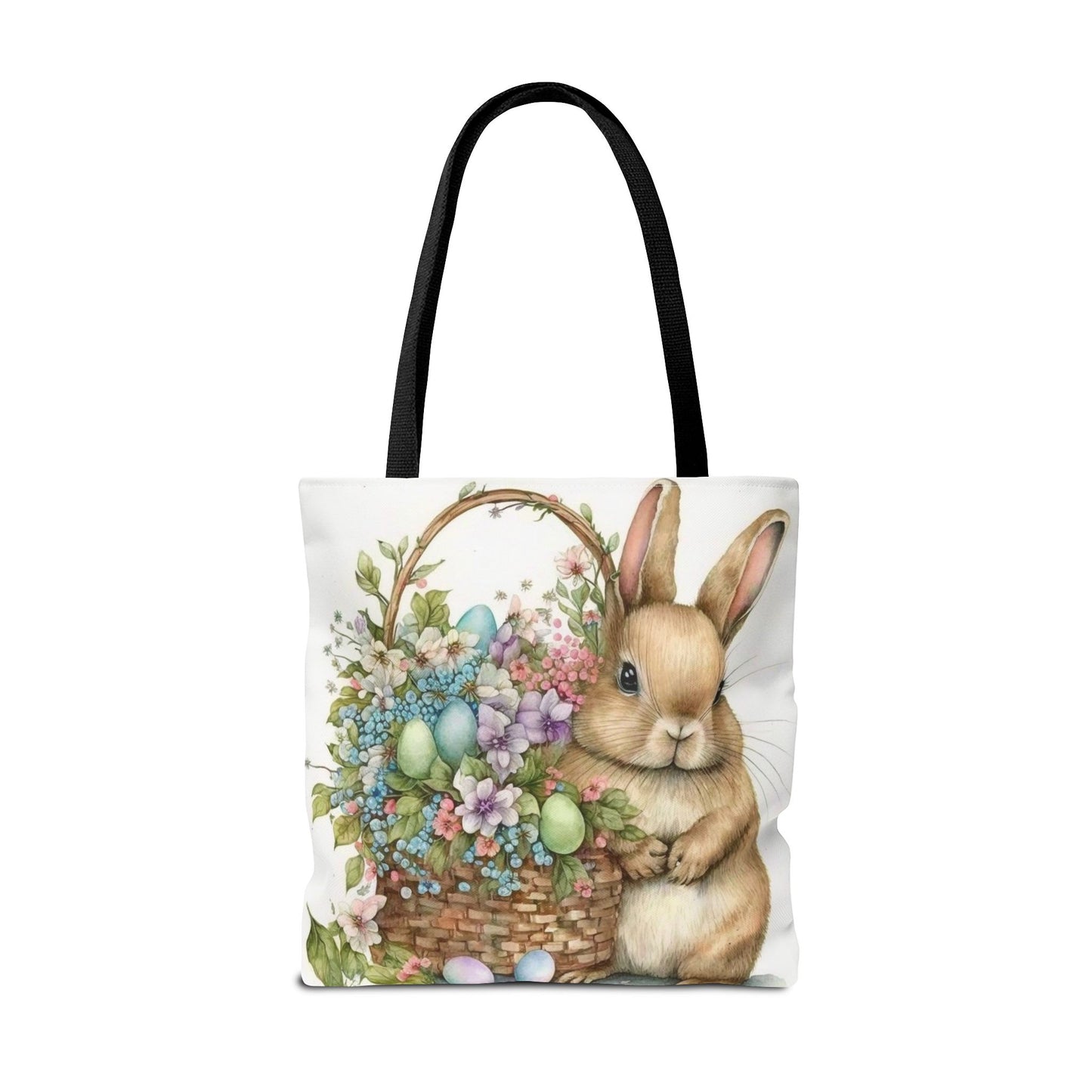 Charming Bunny Easter Tote Bag with Flowers and Painted Eggs