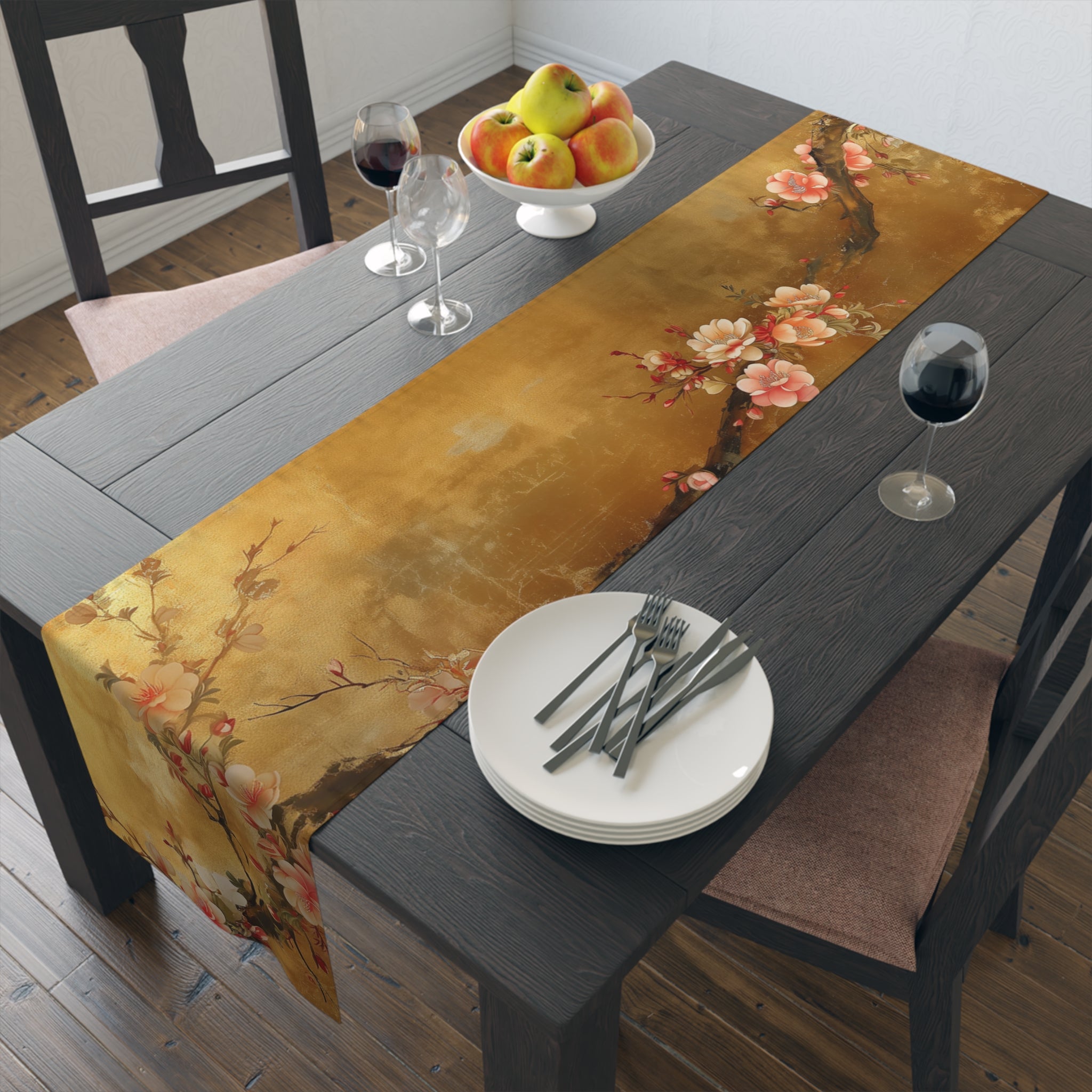 Cherry Blossom Table Runner | Gold, Pink, and Brown Design (72" or 90")