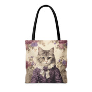 Elegant Maine Coon Cat Tote Bag, Vintage Floral Design, Eco-Friendly