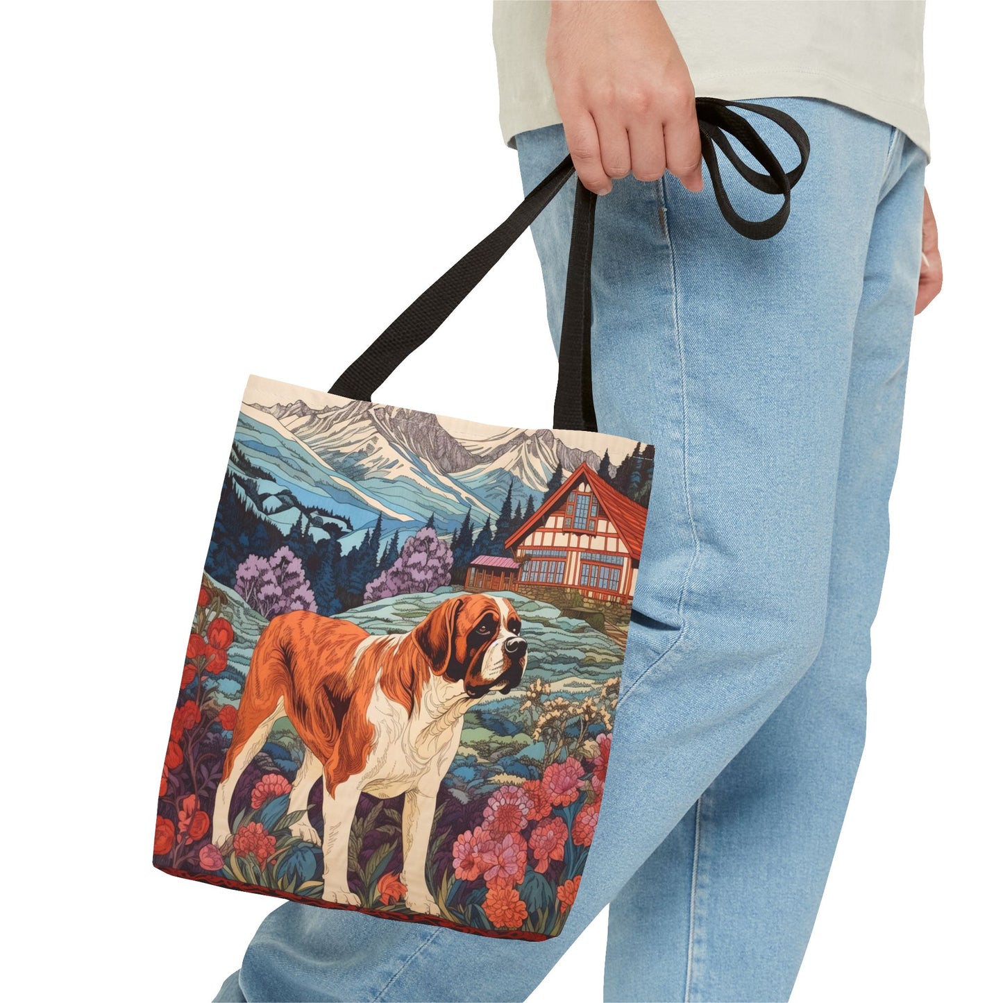 St. Bernard Swiss Alps Tote Bag, Scenic Chalet Dog Lover Gift