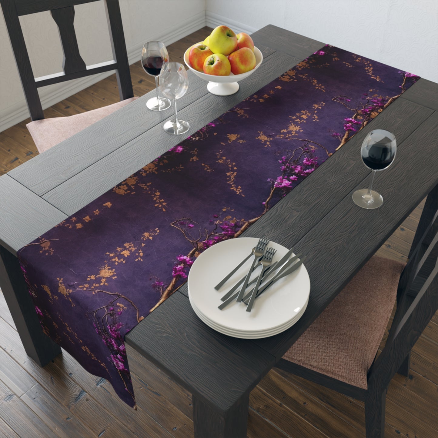 Dark Floral Table Runner | Purple, Gold, and Fuchsia Design (72" or 90")