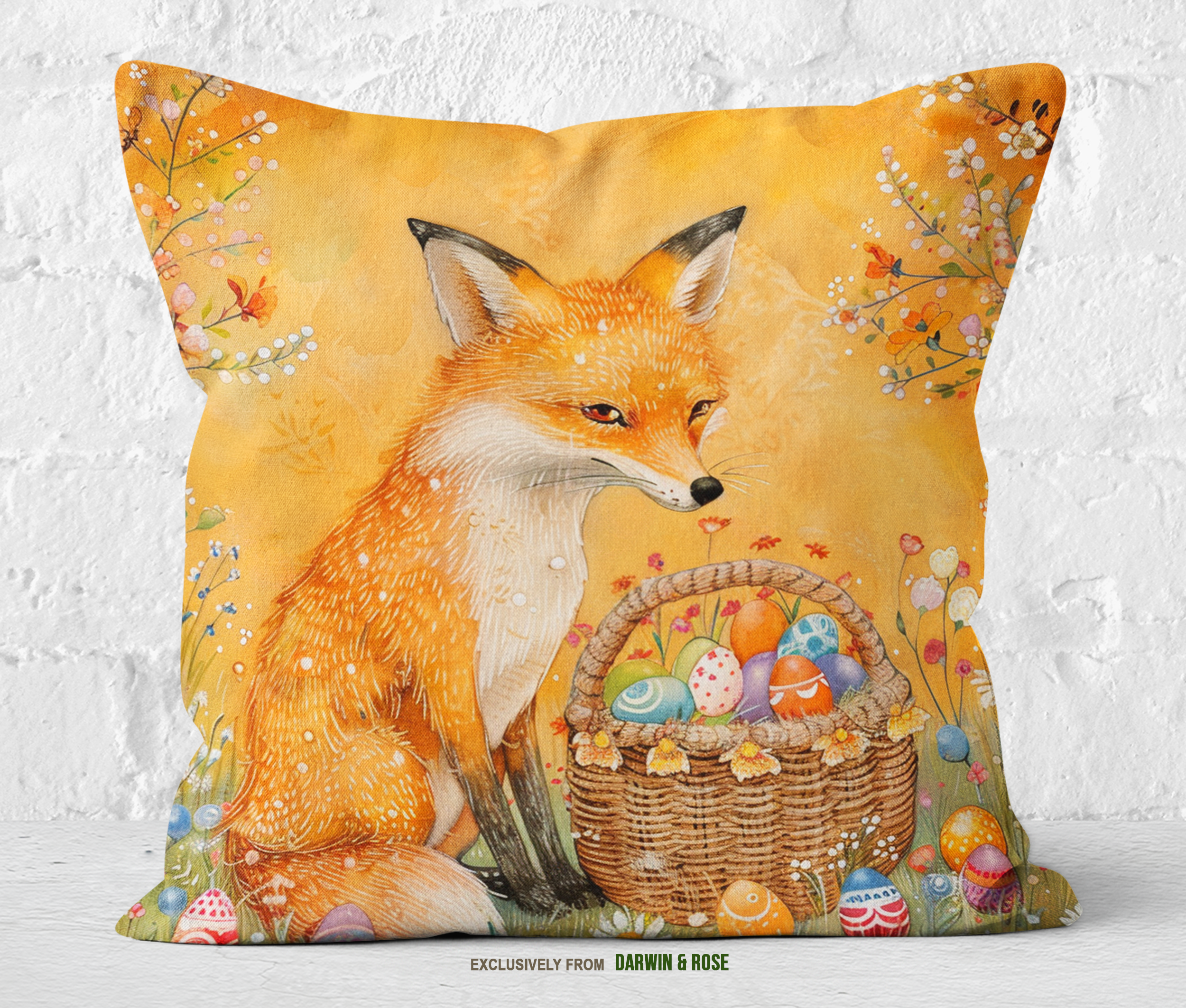 Whimsical Easter Fox Throw Pillow – Boho Spring Décor