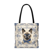 Siamese Cat Tote Bag with Vintage Blue Floral Design