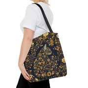 Golden Floral Cat Silhouette Tote Bag, Elegant Eco-Friendly Canvas