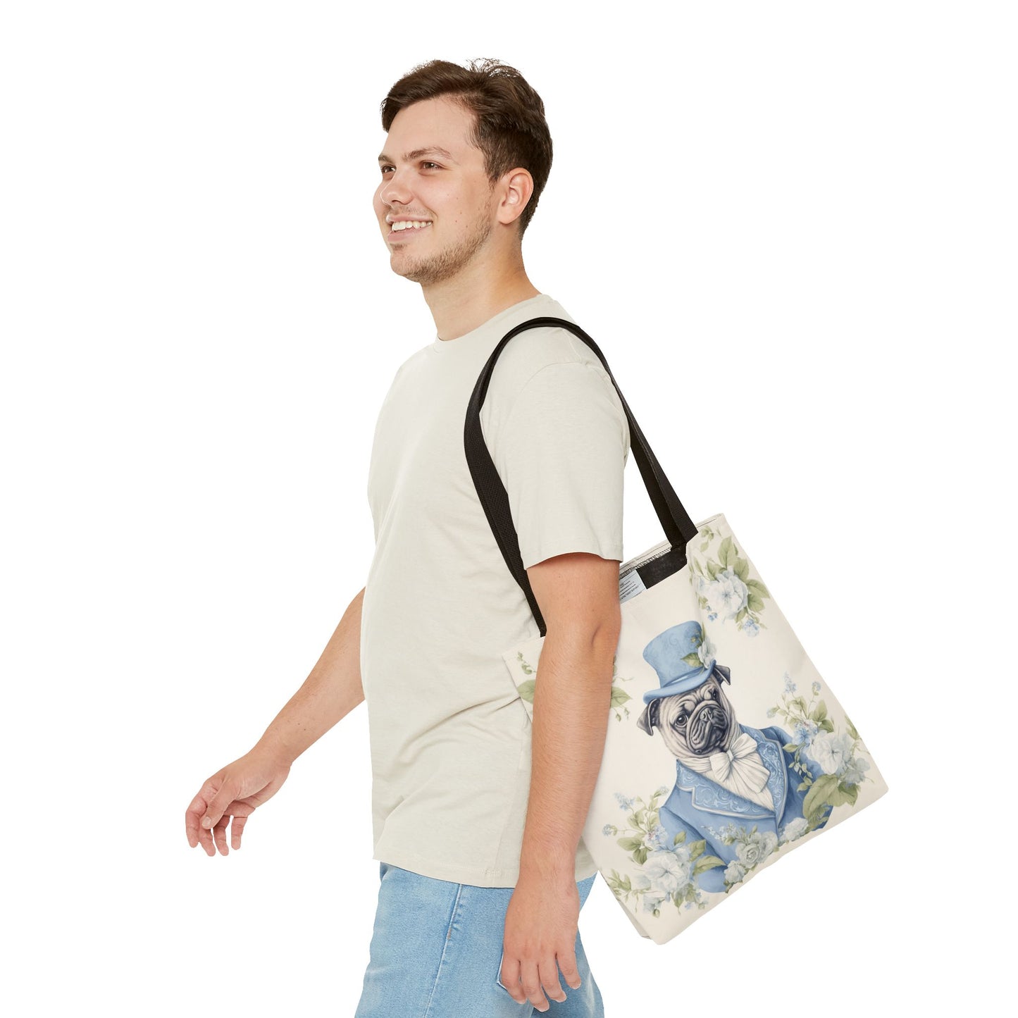 Dapper Pug Tote Bag, Elegant Floral Eco-Friendly Market Bag