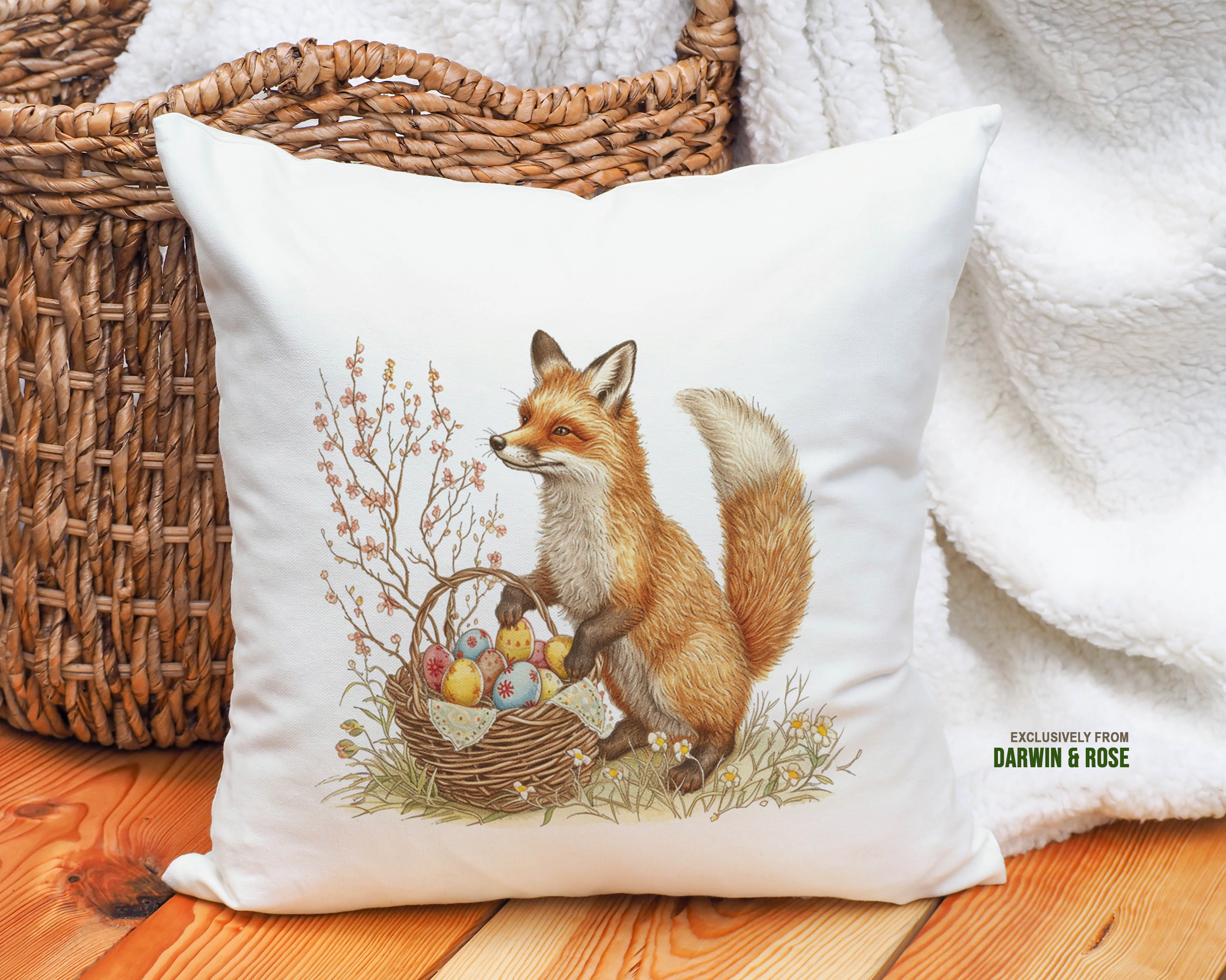 Easter Fox and Spring Blossom Throw Pillow