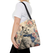 Charming Floral Cat Tote Bag with Pastel Blossoms, Elegant Gift